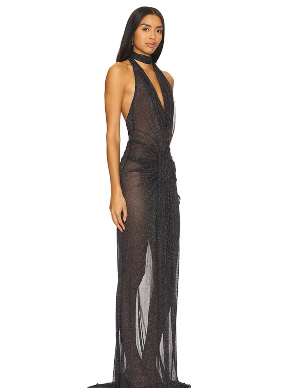 NBD Black Sheer Halter Maxi Gown with Cowl Neck - Picture 2 of 2